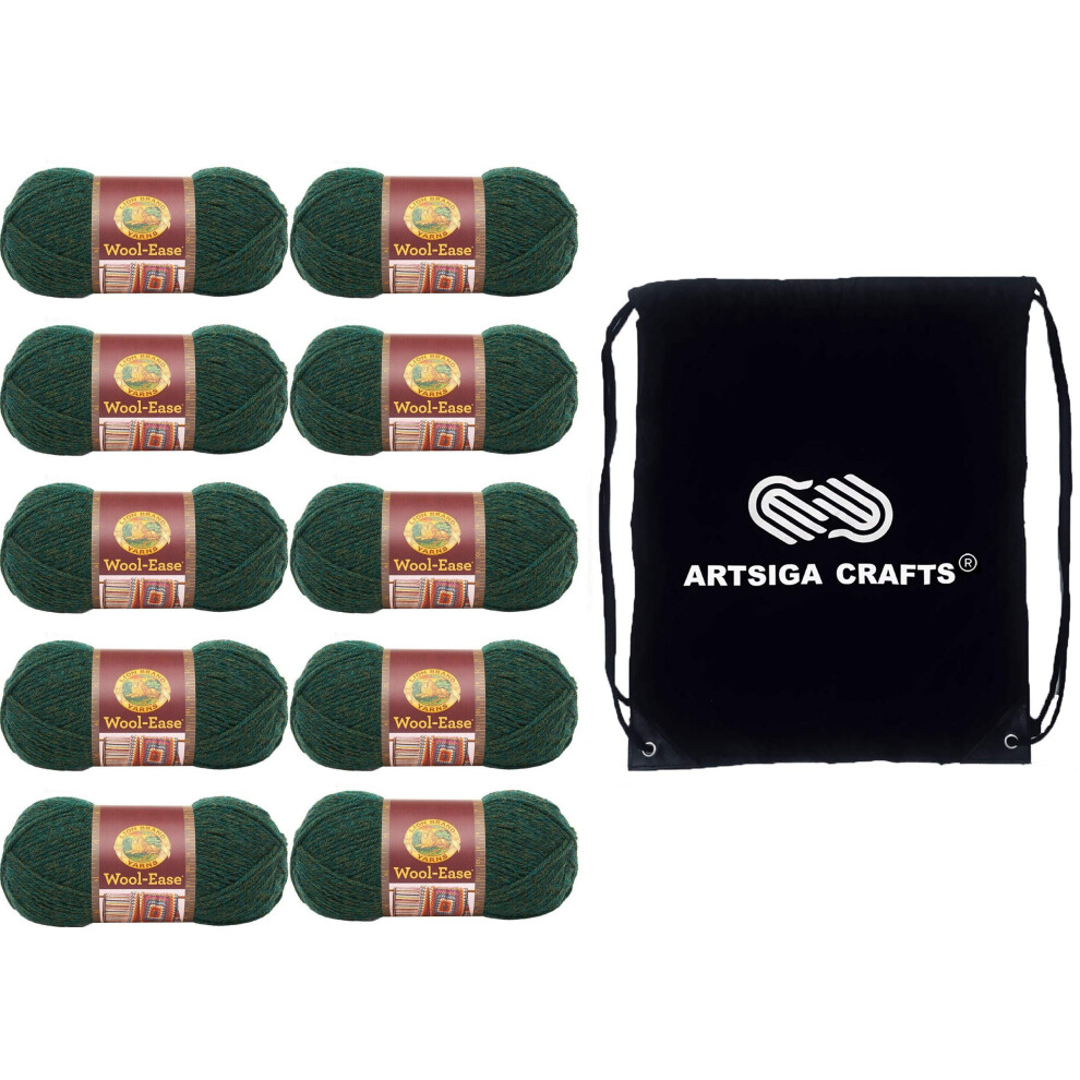 Lion Brand Wool Ease Forest Green Heather 620-180 (10-Skeins - Same Dye Lot) Worsted Medium #4 Acrylic  Wool Yarn for Crocheting and Knitting - Bundle