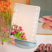 (Blue) Lighted Makeup Mirror, Square Battery & USB Rechargeable Dual-use Beauty Mirror with 3 Colors, Touch Screen Vanity Mirror