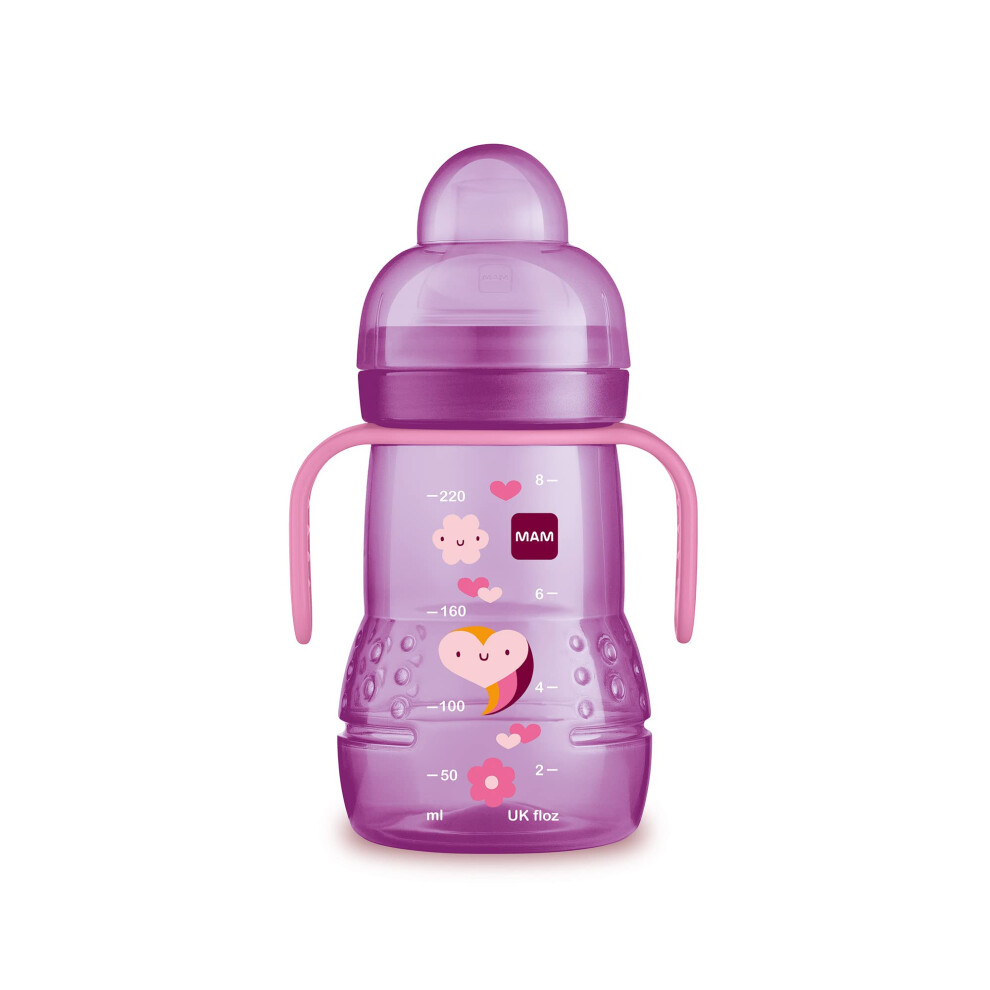 MAM Plastic Trainer Cup 1 Count  8 oz. Trainer Drinking Cup with Extra-Soft Spout  Spill-Free Nipple  and Non-Slip Handles  for Girls 4+ Months  Desig
