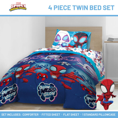 Conjunto de Edredão Twin Marvel Spidey e Amigos - 4 Peças com Lençóis e Saco de Viagem 1