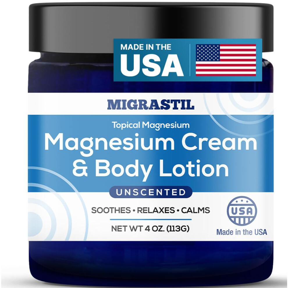 Migrastil Topical Magnesium Cream & Body Lotion 4Oz. - Promotes Sleep And Soothing Relief For Sore Muscles Leg Cramps Etc. Made In The Usa.