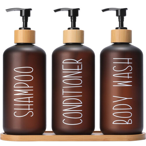Conjunto de Dispensadores de Duche MOMEEMO, 3 Garrafas PET Espessas com Bombas de Bambu