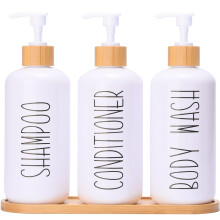 Conjunto de Dispensador de Shampoo e Acondicionador Branco MOMEEMO, 3 Garrafas de PET Plástico Extra-Grosso