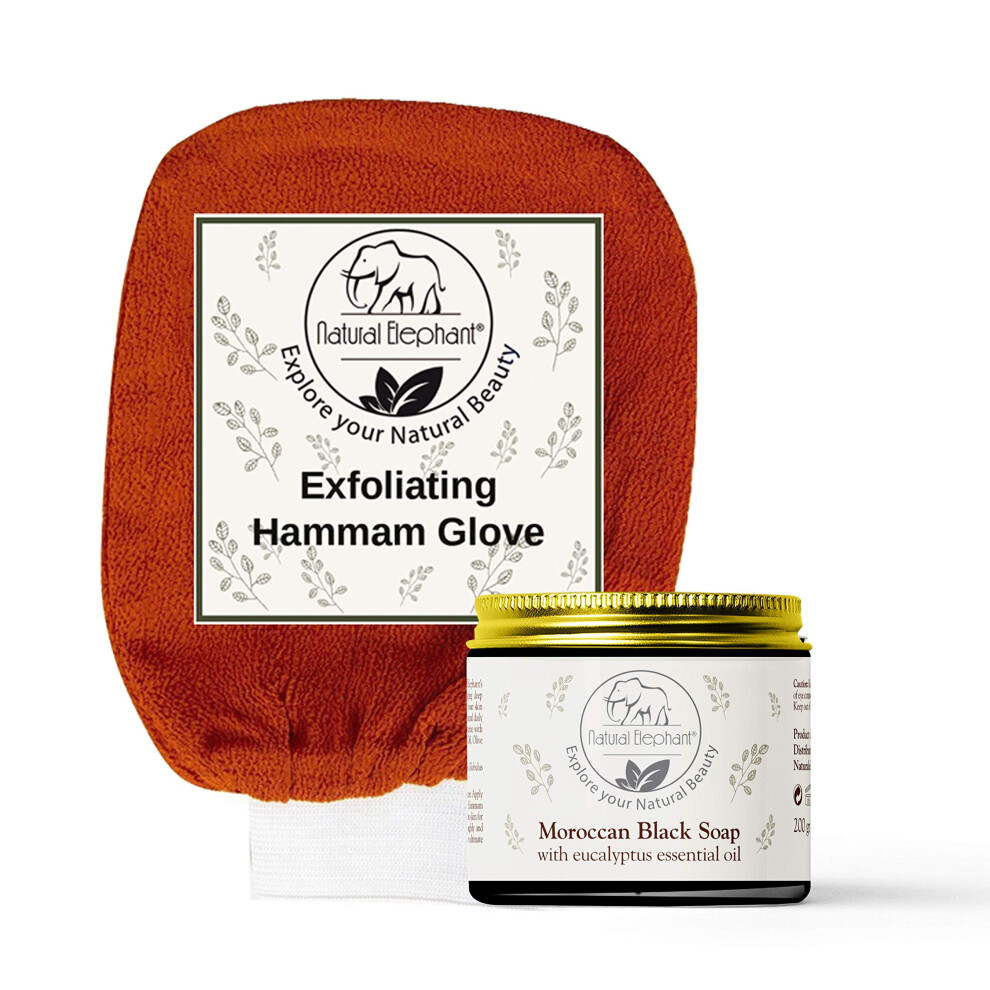 Natural Elephant Black/Orange Moroccan Soap 200G (7Oz) And Exfoliating Hammam Glove Combo (Burnt Orange)