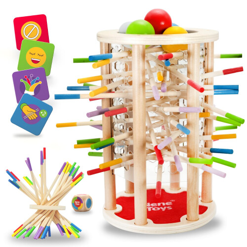 Montrix Torre De Madera Con 42 Palitos De Colores, Dados Y Bolas, Juego Educativo Familiar De 1 A 6 Jugadores