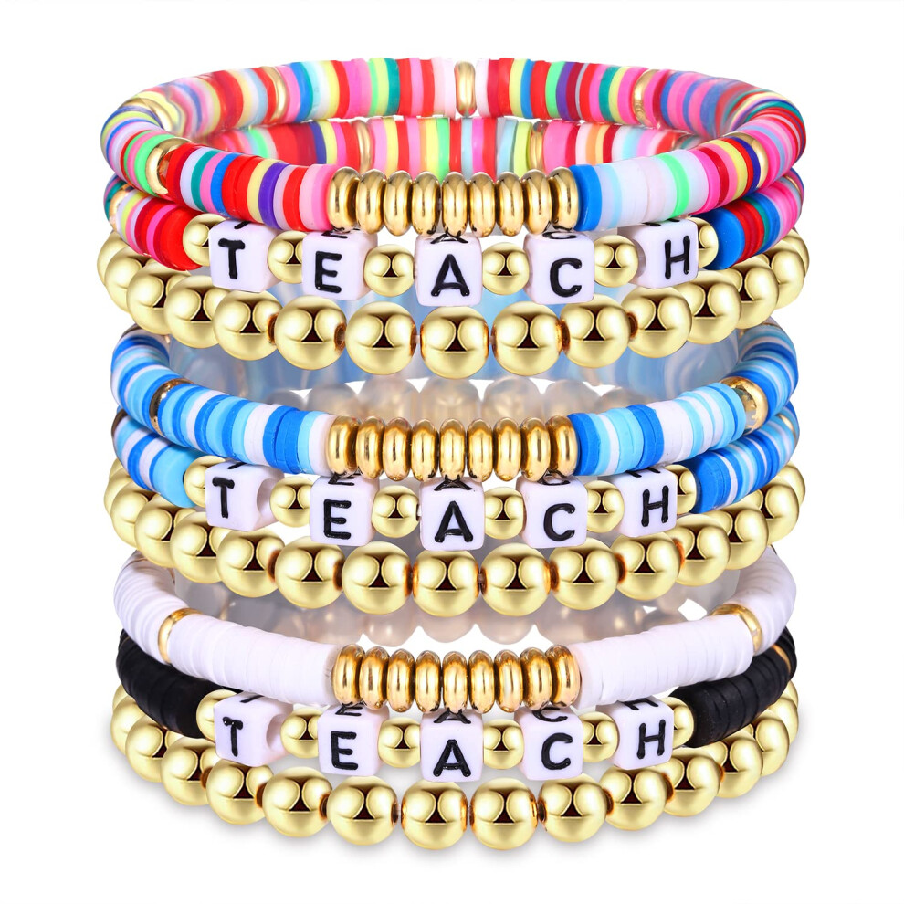 Lot de 9 bracelets Heishi pour enseignants NLCAC, empilables, arc-en-ciel, perles Heishi, extensibles, bijoux preppy, cadeaux de remerciement pou