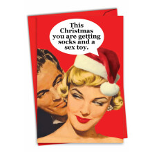 NobleWorks - Humoristiskt Merry Christmas Card med kuvert (4,63 x 6,75 tum) - Julhlsningskort Holiday Stationery Notecard - Strumpor och S-x Toy
