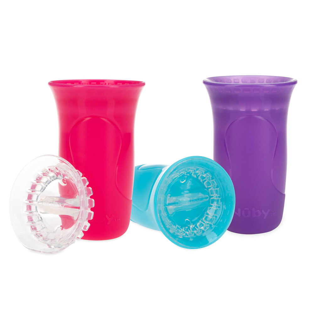 Nuby 3-Piece No-Spill Smart Edge 360 cup with Touch Flo Easy clean Silicone Rim  10 Oz  girl color May Vary