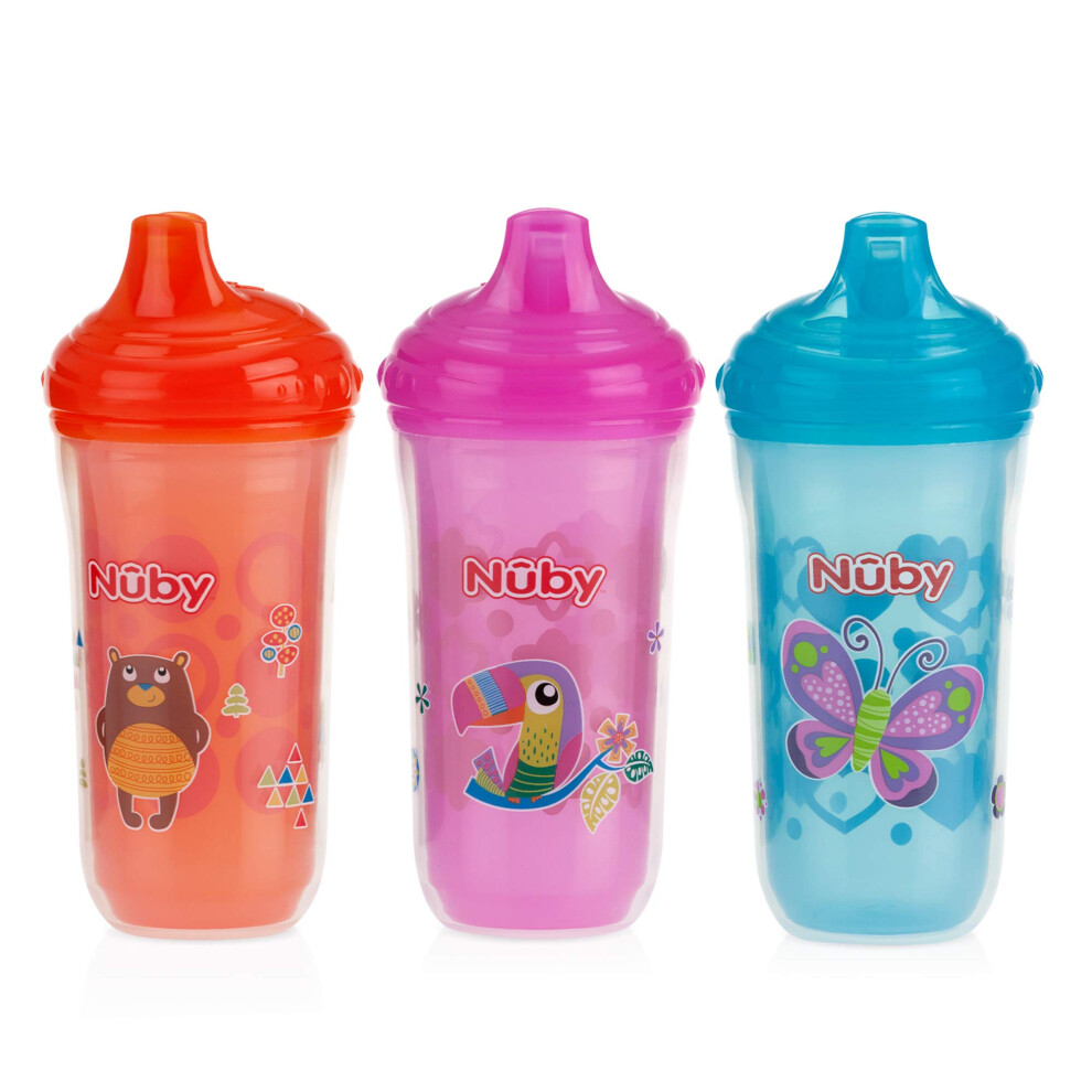 Nuby Plastic Insulated No Spill Easy Sip Cup with Vari-Flo Valve Hard Spout  Girl  3 Count 9 ounce