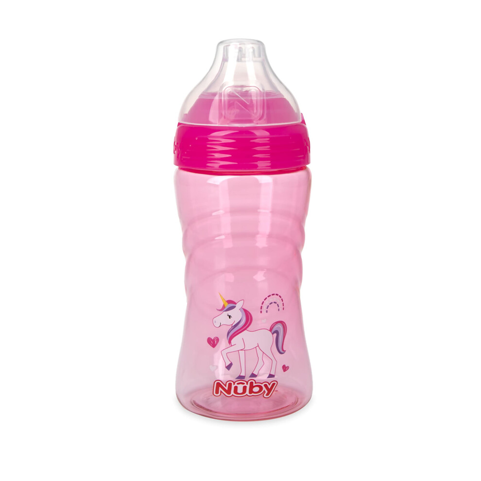 Thirsty Kids No Spill Sip-It Sport Tritan Travel Cup With Soft Silicone Spout And Hygiene Cover 12 Oz Unicorn Print Pink Nuby