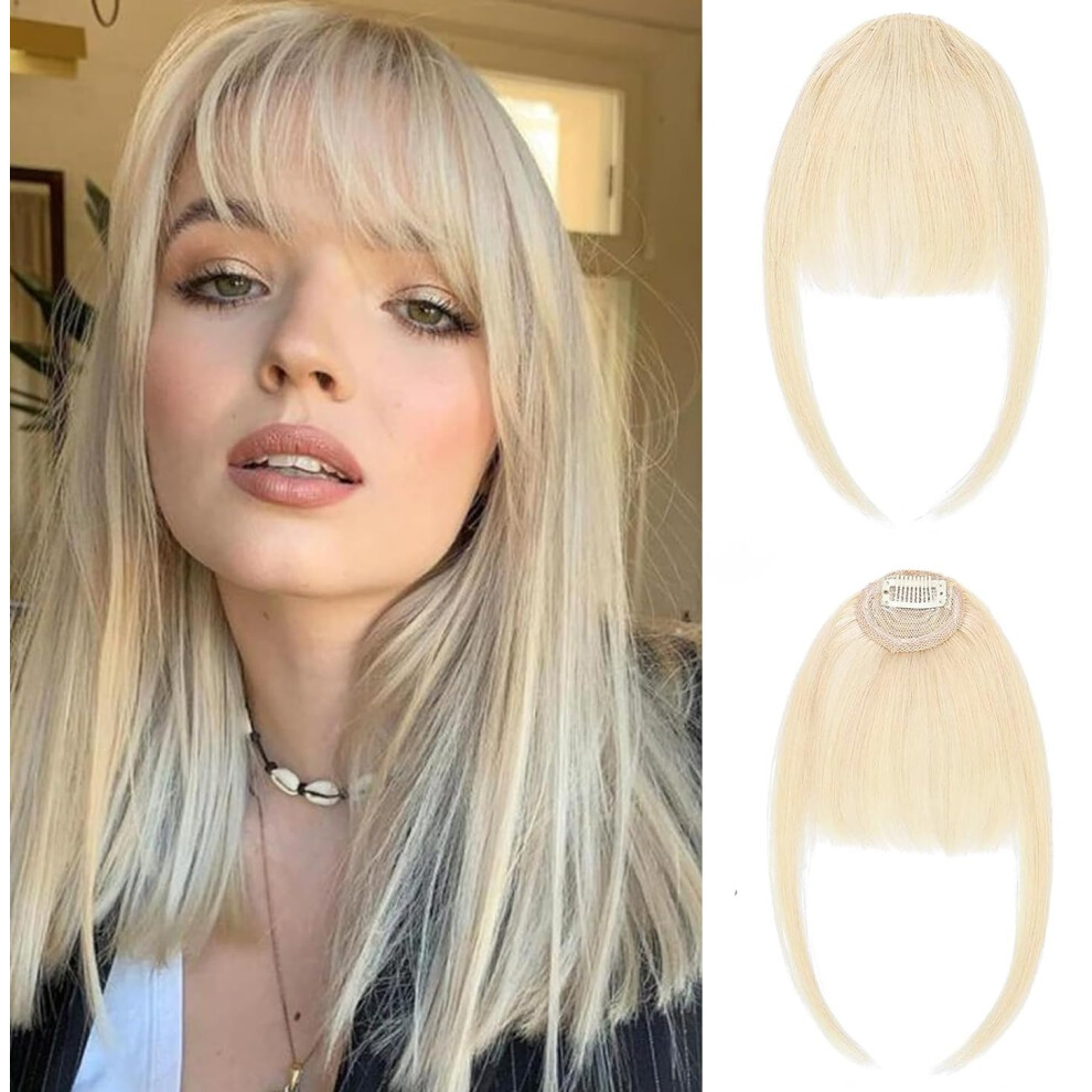 Origen Unisex Clip In Bangs Real Human Hair Clip On Wispy Bangs Fringe With Temples Hairpieces Fake Front Bangs Extensions For Women Ice Blonde Color