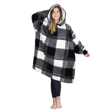 Oversized Hoodie Blanket Sweatshirt comfortable Sherpa giant Wearable Blankets gift for Adults Men Women Teenagers Wife girlfriend Plaid Black