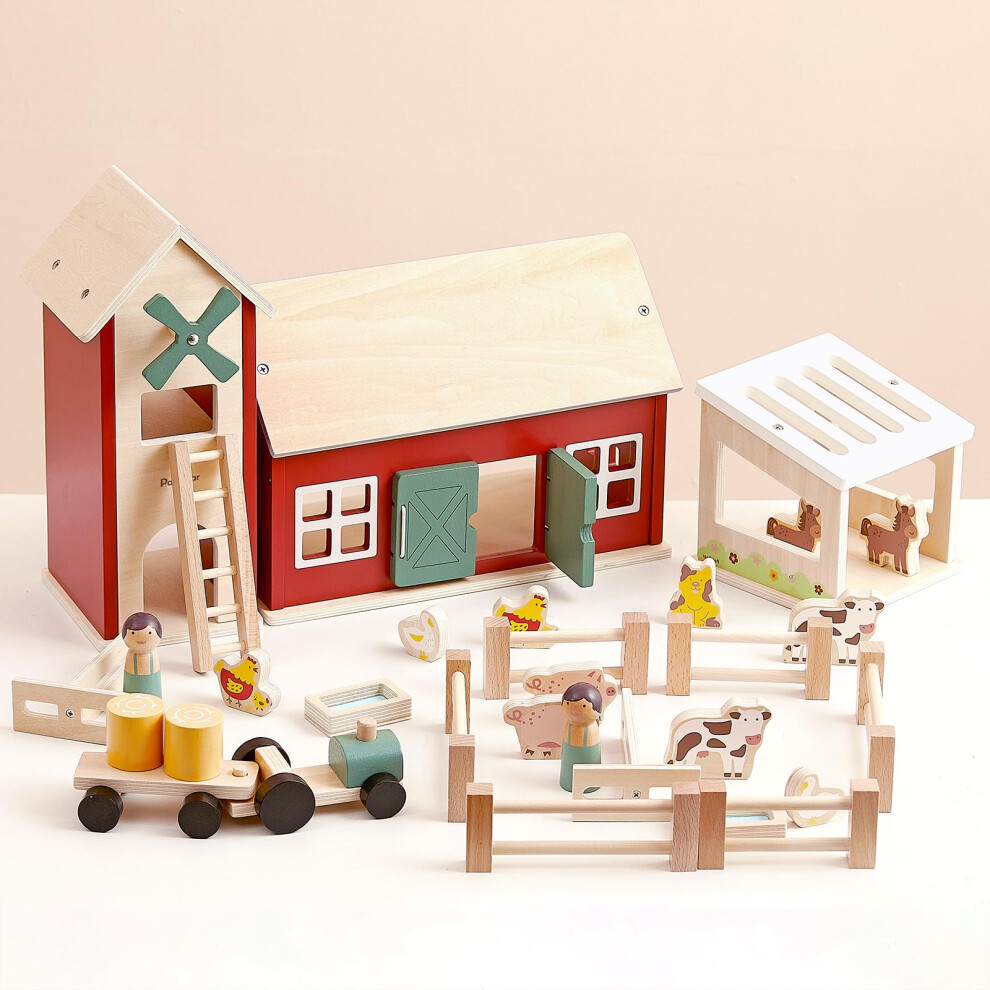 PairPear Jouets en bois pour animaux de la ferme Bran Farm Palyset pour enfants Jouets de ferme de grange rouge avec figurines d'animaux de la ferme e