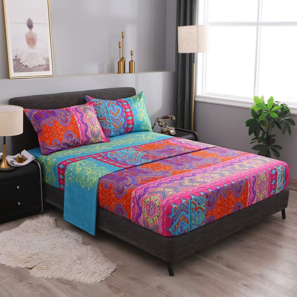 Parure de lit Pangzi Bohemian Retro   : 1 drap-housse, 1 drap plat et 2 taies d'oreiller       4 pi   ces (double XL rouge)