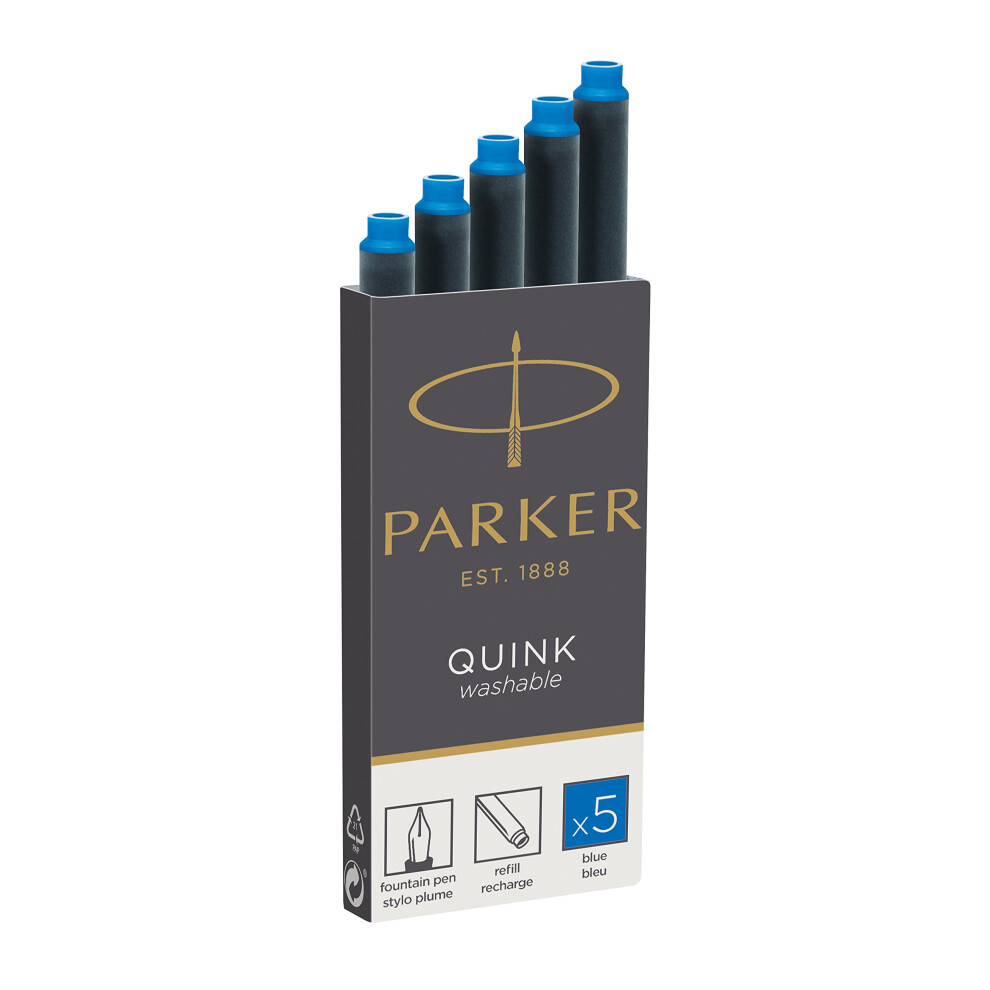 Parker 3016031PP QUINK Long Fountain Pen Ink Refill Cartridges  Blue  5 Count