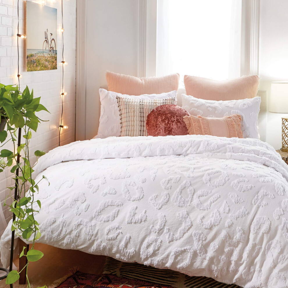 Parure de lit 2 pi   ces avec housse de couette et taies d'oreiller 100 % coton chenille l   opard Peri Home, taille double XL, blanc