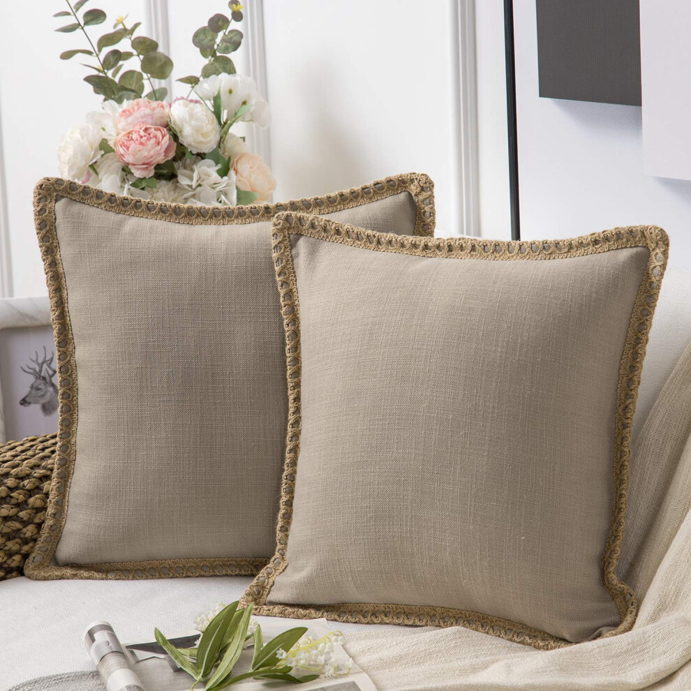 Phantoscope Lot de 2 housses de coussin d   coratives style ferme en toile de jute et lin Bords sur mesure Beige 18 x 18 pouces 45 x 45 cm