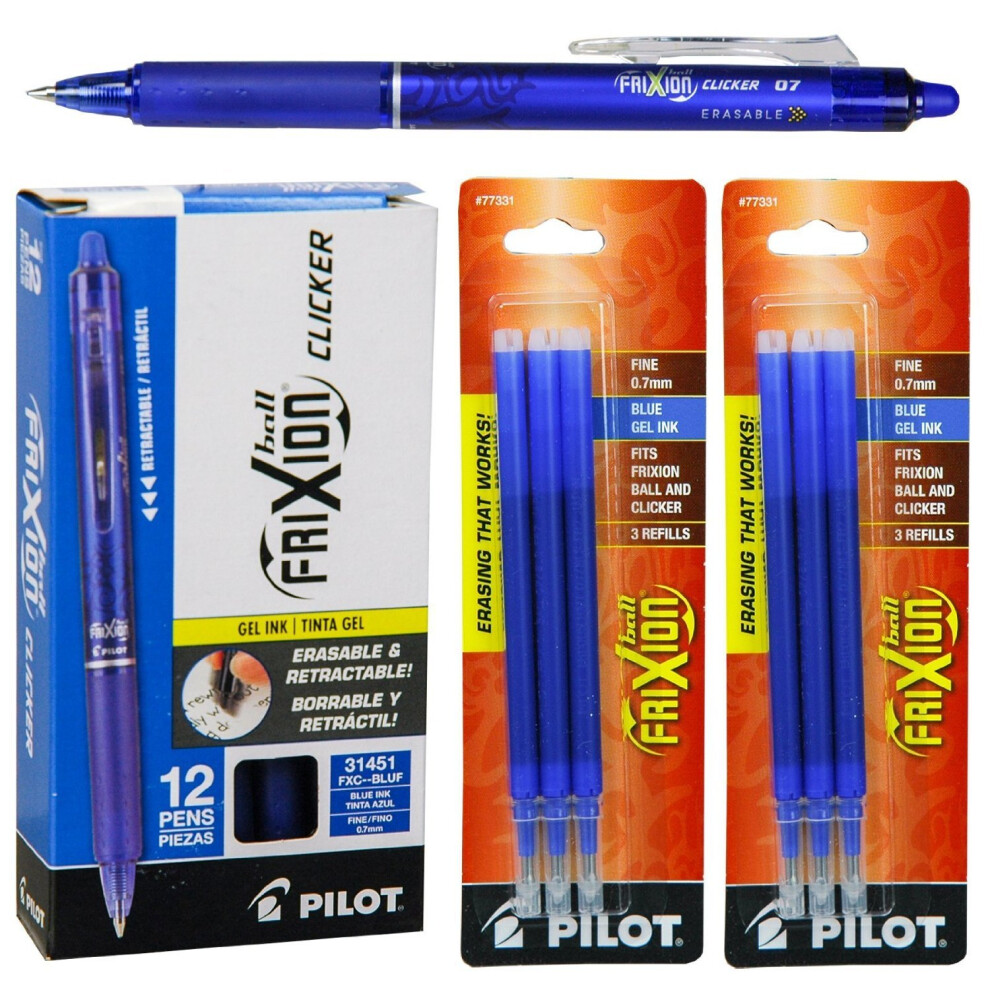 Pilot FriXion Clicker Retractable Gel Ink Pens  Eraseable  Fine Point 0.7mm  Blue Ink  Pack of 12 with Bonus 2 Packs of Refills