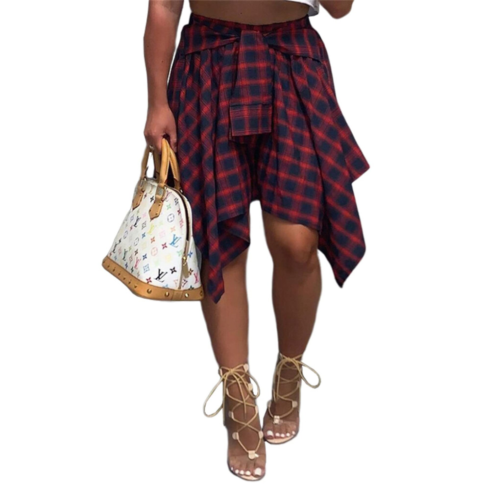 Jupes ? carreaux pour femmes, taille haute, jupe patineuse courte nou?e ? ourlet haut-bas, rouge, noir, S