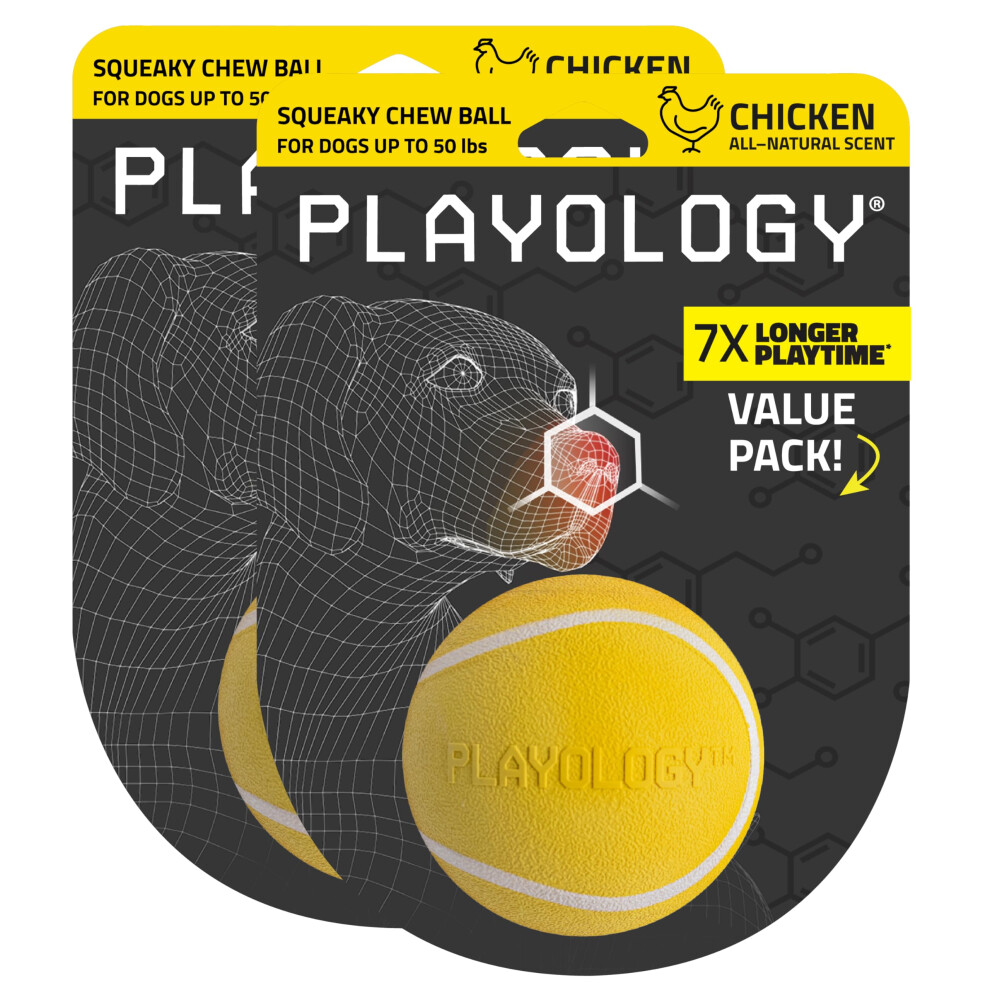 Playology Squeaky Chew Ball For Dogs | Engaging All-Natural Chicken Scented Dog Toy For Medium Dogs Up To 50Lbs Value 2-Pack | Squeak Fetch And Pla