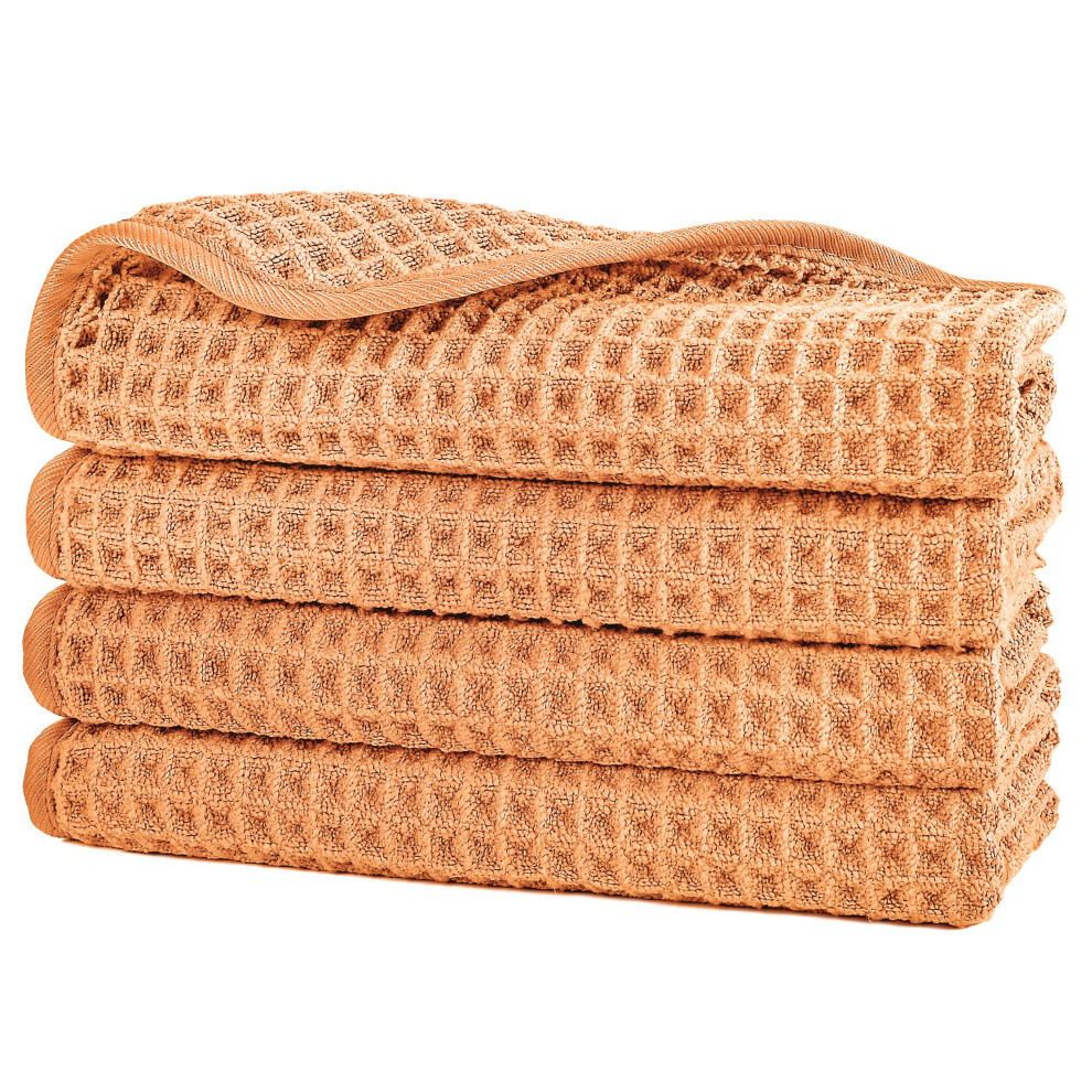 Orange Polyte Microfiber Lint Free Washcloth Face Towel 13 X 13 In 4 Pack ( Waffle Weave)