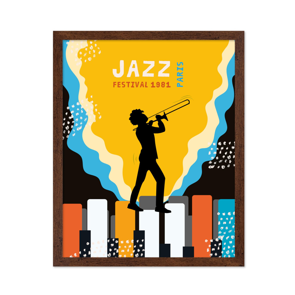 - Retro Paris Jazz Festival Print - Music Art - Gift for Men Women Musicien - Decor Advertising for Home Studio Office Bedroom 11x14 Brown Framed