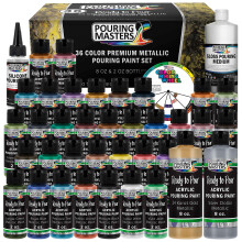 Pouring Masters 36-Color Metallic Ready to Pour Acrylic Pouring Paint Set with Silicone Oil & Gloss Medium - Premium Pre-Mixed High Flow 2-Ounce & 8-