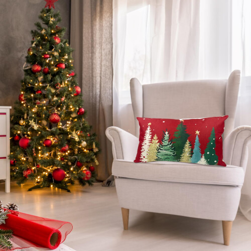 QIANHED Almofada Vermelha de Natal, 12X20 Polegadas, Árvore Colorida de Natal e Flocos de Neve 2