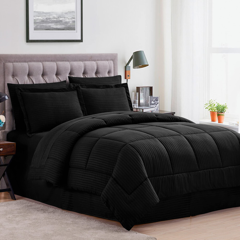 Ensemble de couette Queen 8 pi   ces Lit dans un sac avec jupe de lit Drap-housse Drap plat 2 taies d'oreiller 2 taies d'oreiller Queen Dobby Noir