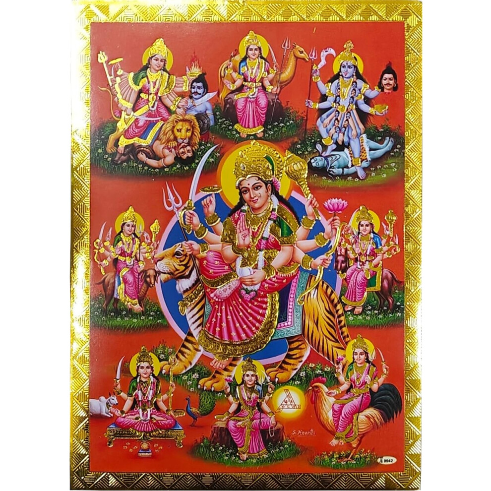 Rastogi Handicraft Best Of Indian Reprint Hindu God Poster/Image avec feuille d'or sans cadre (Durga-Ji-Navaroop-7""""X5"""")