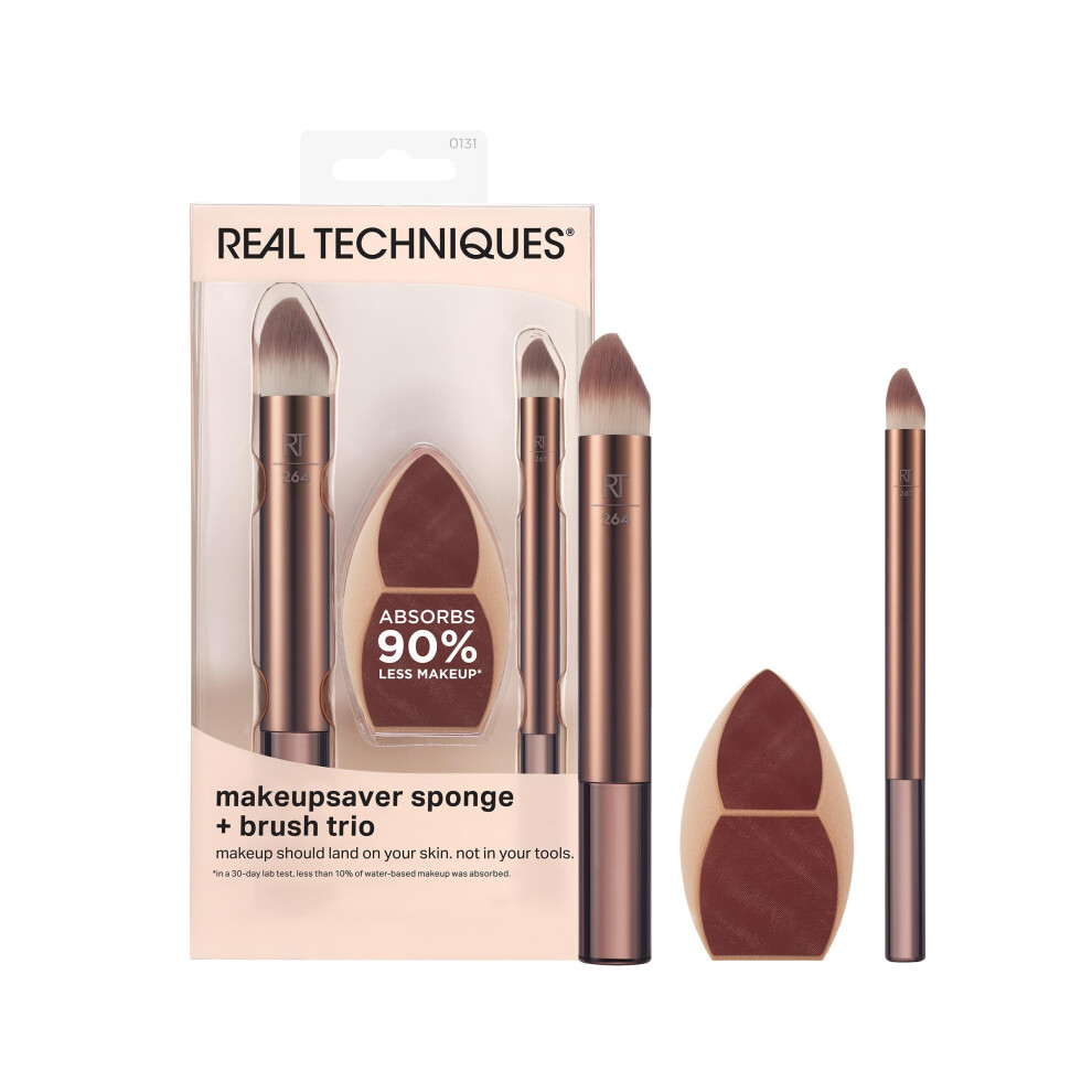 Real Techniques Makeupsaver Sponge + Brush Trio  Makeup Blending Sponge & Brushes For Liquid & Cream Formulations  Mimics Finger Application & Reduces