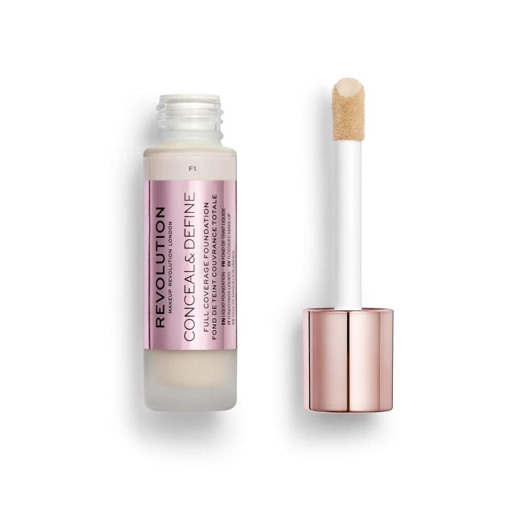 Revolution Beauty  Conceal & Define Foundation  Full Coverage  Long-Lasting Matte Finish  Vegan & Cruelty Free  F1 Fair Skin Tones  0.8 Fl.Oz.