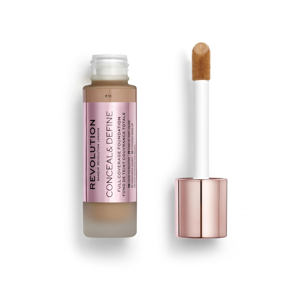 Revolution Beauty  Conceal & Define Foundation  Full Coverage  Long-Lasting Matte Finish  Vegan & Cruelty Free  F11 Medium to Dark Skin Tones  0.8 Fl.