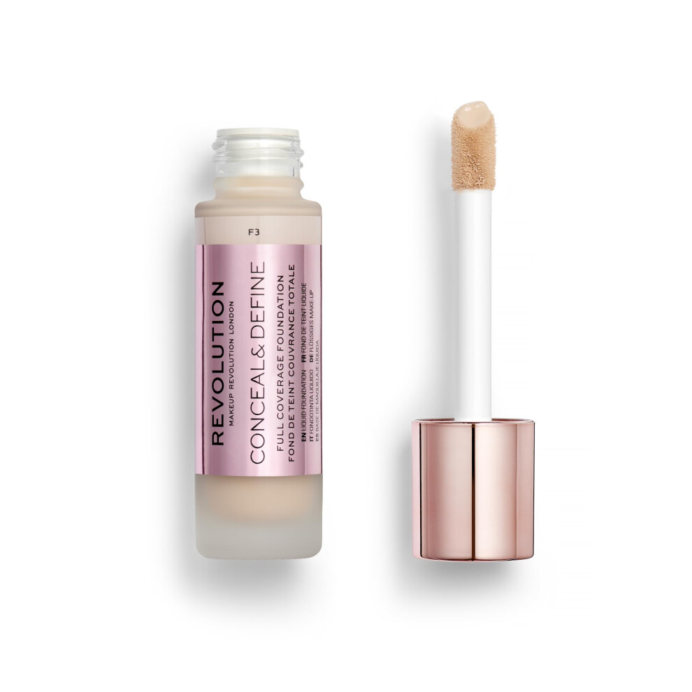 Revolution Beauty  Conceal & Define Foundation  Full Coverage  Long-Lasting Matte Finish  Vegan & Cruelty Free  F3 Fair Skin Tones  0.8 Fl.Oz.