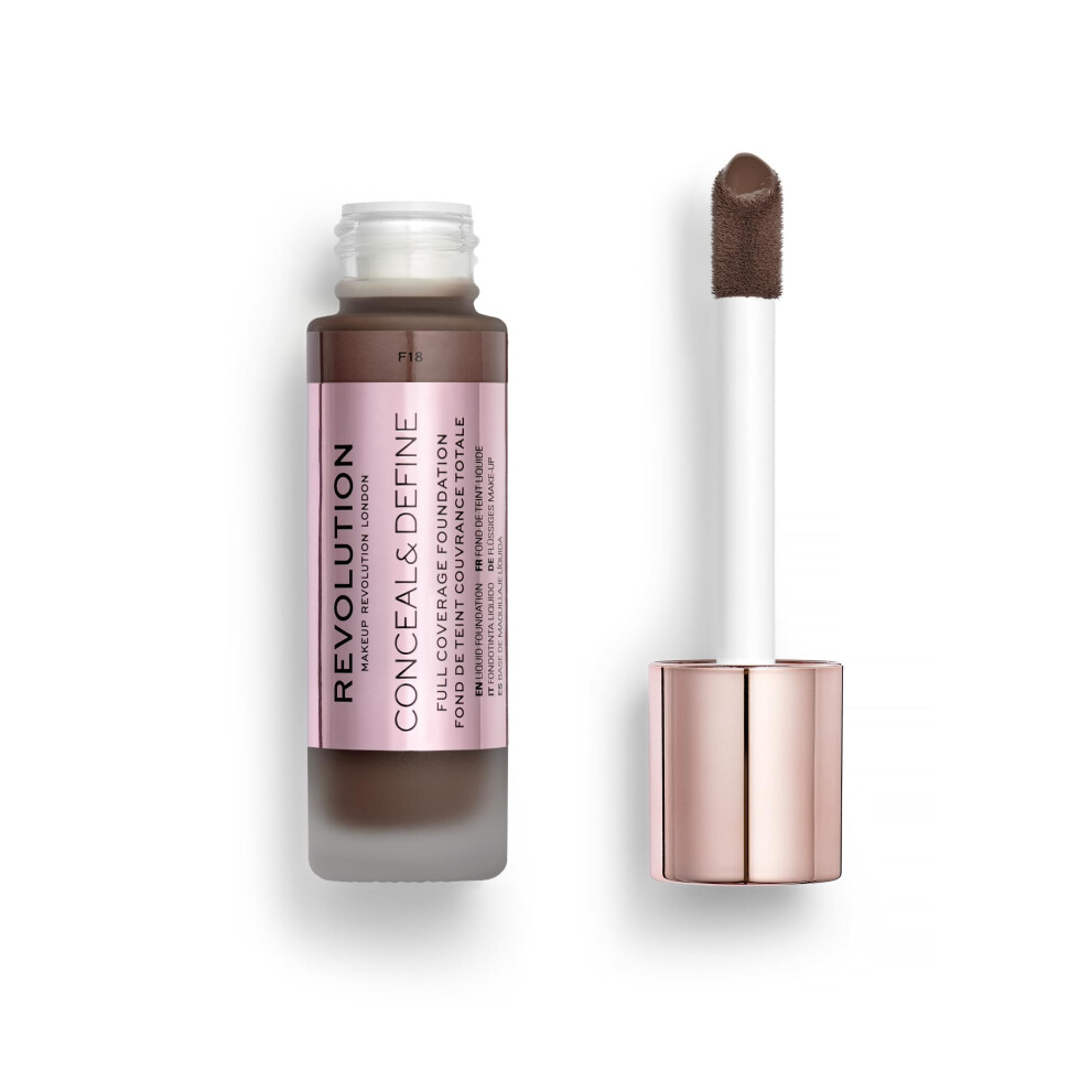 Revolution Beauty  Conceal & Define Foundation  Full Coverage  Long-Lasting Matte Finish  Vegan & Cruelty Free  F18 Dark Skin Tones  0.8 Fl.Oz.