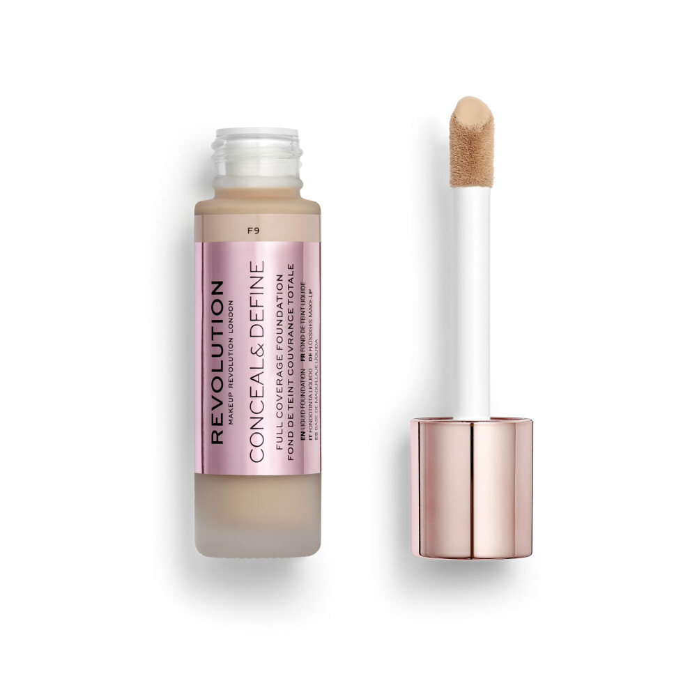 Revolution Beauty  Conceal & Define Foundation  Full Coverage  Long-Lasting Matte Finish  Vegan & Cruelty Free  F9 Medium Skin Tones  0.8 Fl.Oz.