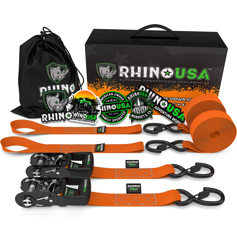Rhino Usa Kit Cinghie A Cricchetto Resistente (2 Pezzi) - 4Cm X 2,4M (2000 Kg Di Resistenza Alla Rottura) - Cinghie Di Fissaggio Ultimate Ganci Di Sicurezza Camion, Atv, Utv, Moto, Carico - Arancione-image