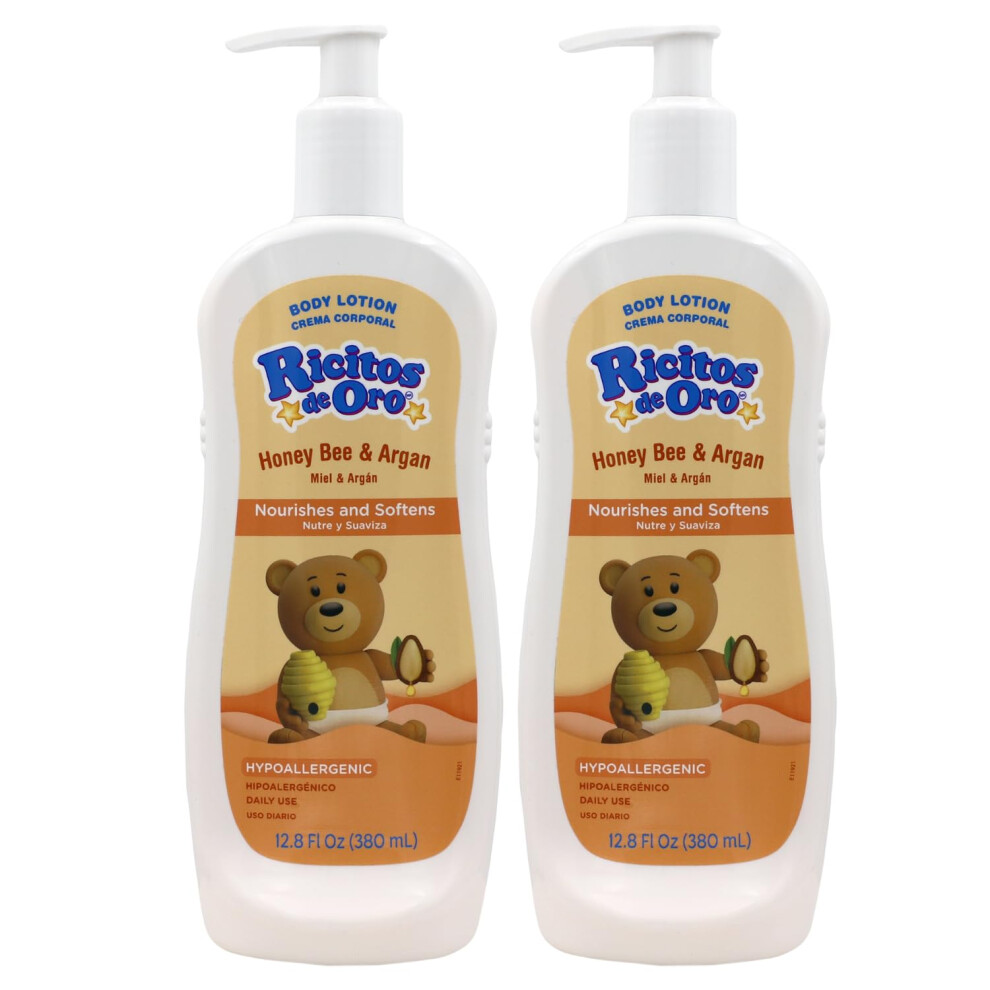 Ricitos De Oro Honey And Argan Baby Body Lotion That Helps Smooth Baby Skin -Hypoallergenic With Honey Bee Extract Delicious Scent 2-Pack Of 12.8 Fl