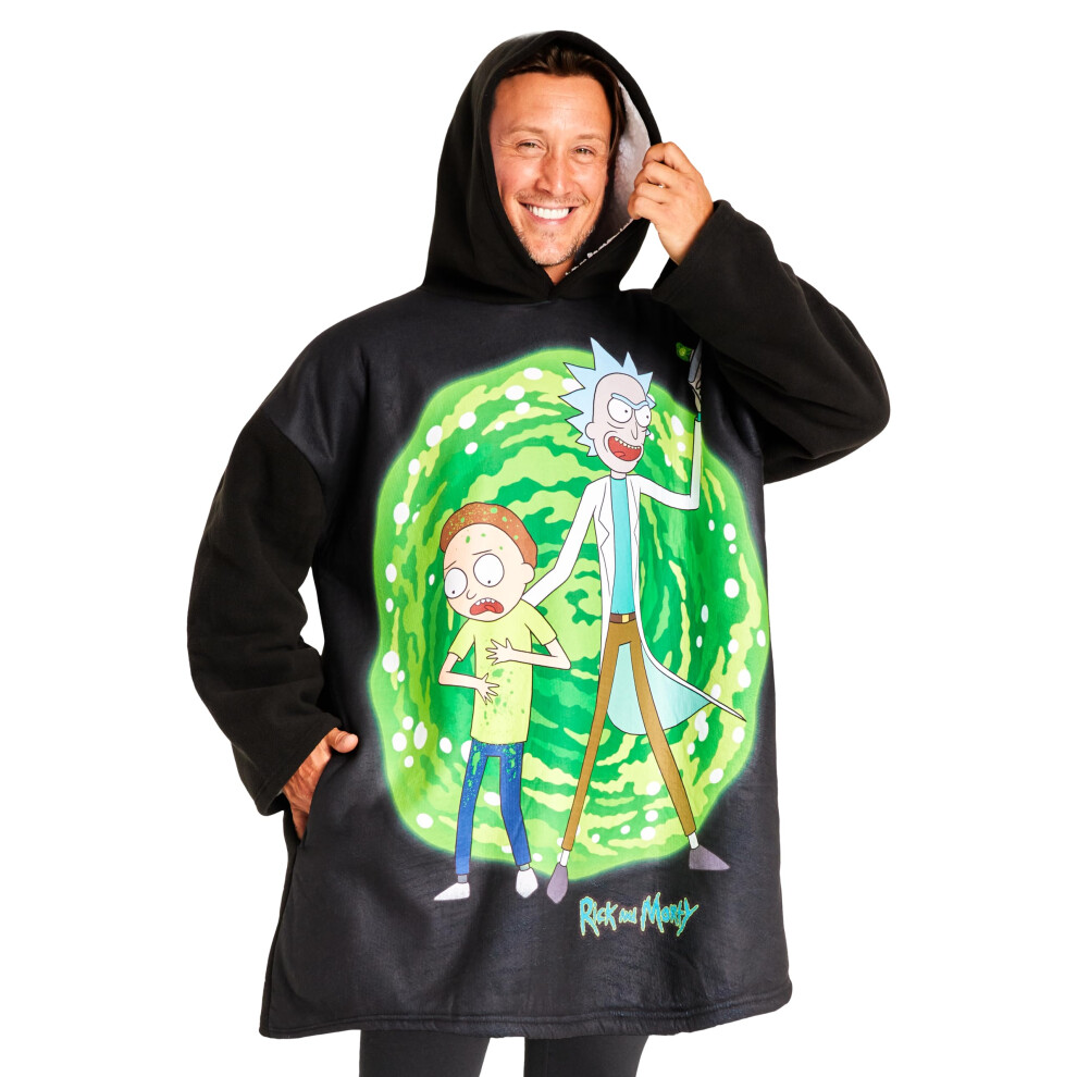 RICK AND MORTY Blanket Hoodie for Men and Teenagers - Cosy Oversized Fleece Hoodie One Size Sherpa Lined - Gifts for Men Black