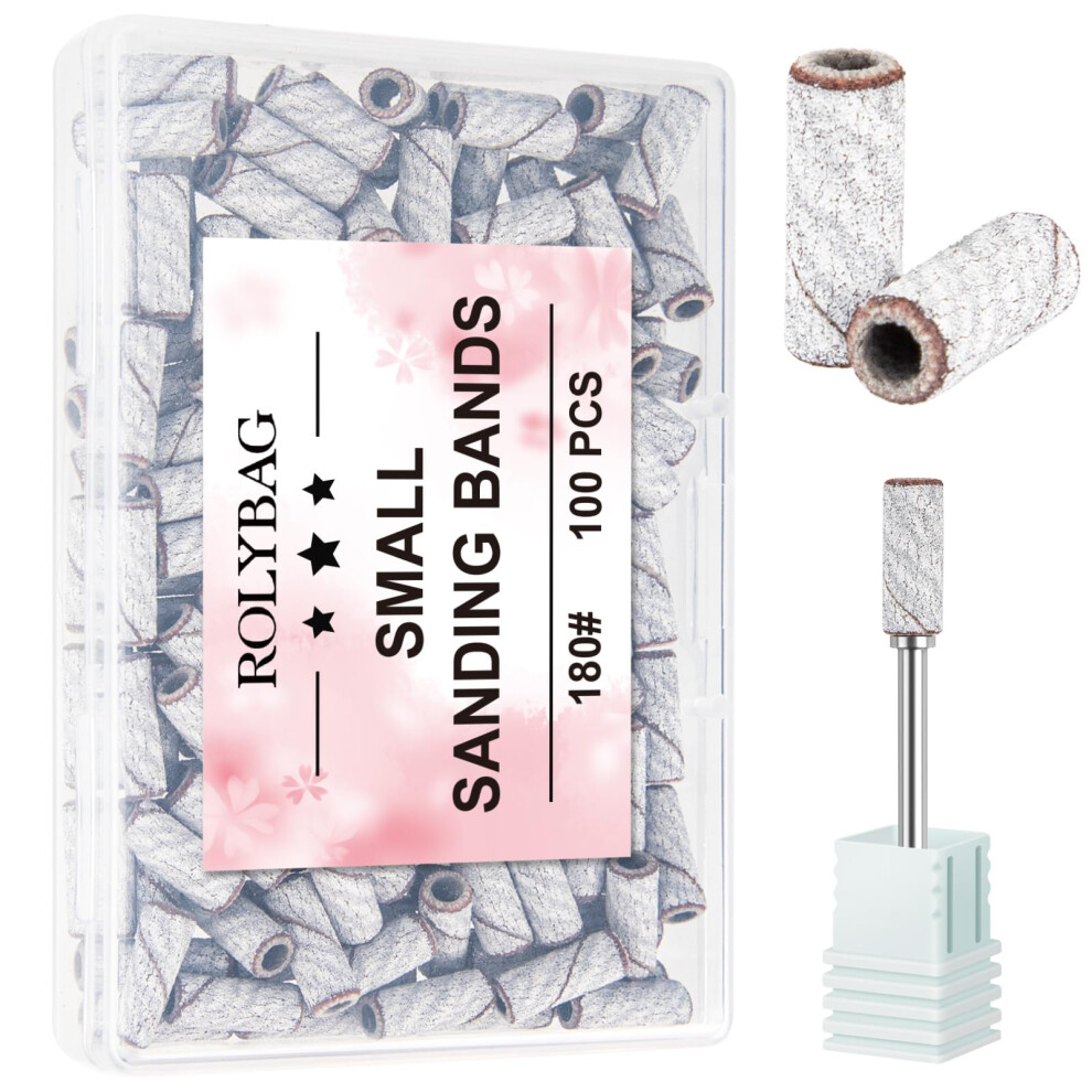 Rolybag 100Pcs Small Sanding Bands Nail Drill Bits 180 Fine Grit Nail File Sanding Bands With 3.1Mm Mandrel Bit For Acrylic Nails Gel Removing Shaping