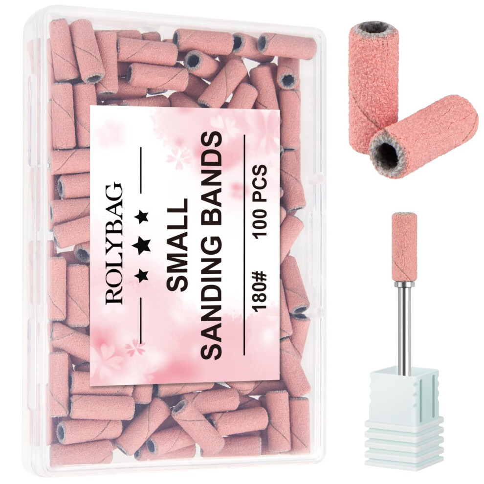 Rolybag 100Pcs Small Sanding Bands Nail Drill Bits 180 Fine Grit Nail File Sanding Bands With 3.1Mm Mandrel Bit For Acrylic Nails Gel Removing Shaping