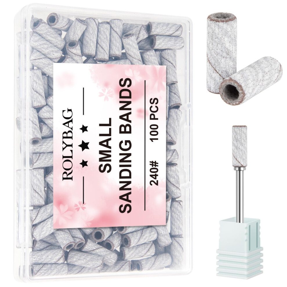 Rolybag 100Pcs Small Sanding Bands Nail Drill Bits 240 Extreme Fine Grit Nail File Sanding Bands With 3.1Mm Mandrel Bit For Acrylic Nails Gel Removing