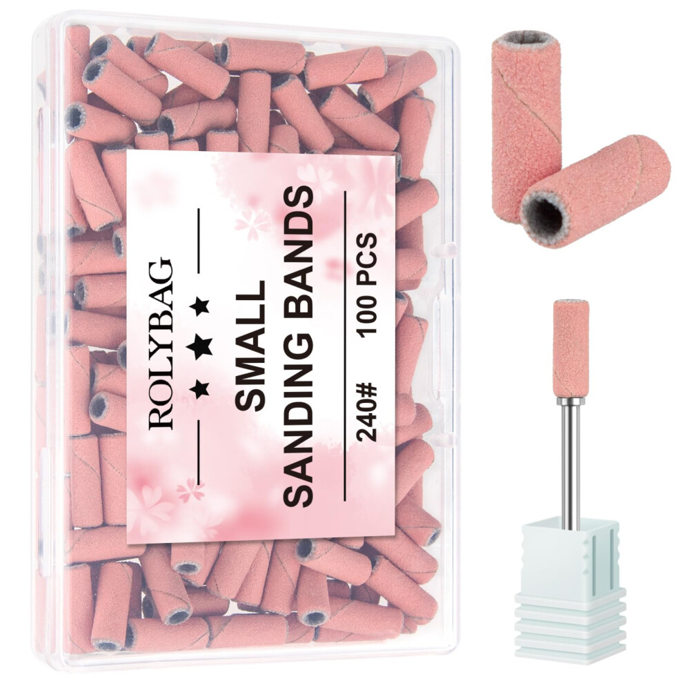 Rolybag 100Pcs Small Sanding Bands Nail Drill Bits 240 Extreme Fine Grit Nail File Sanding Bands With 3.1Mm Mandrel Bit For Acrylic Nails Gel Removing