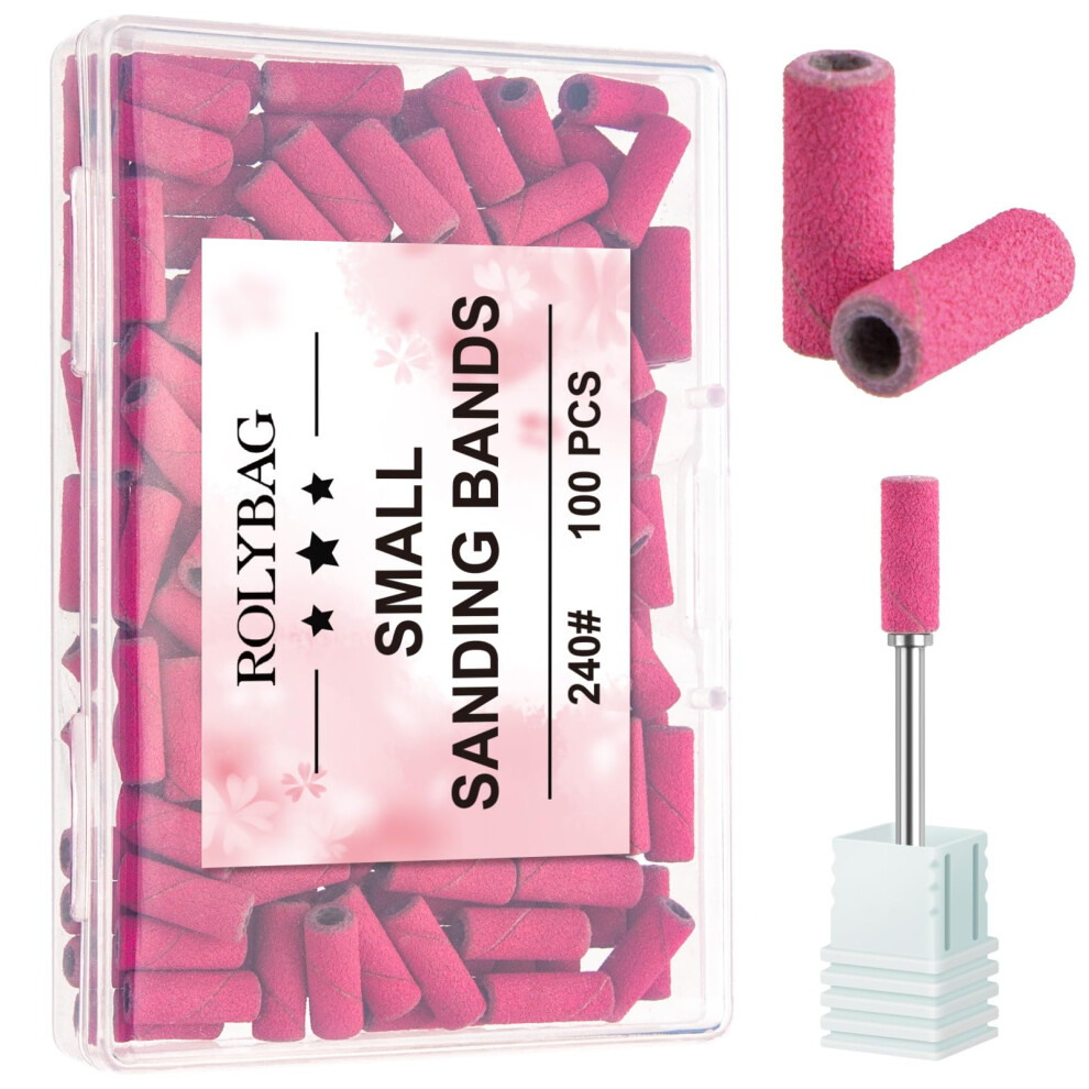 Rolybag 100Pcs Small Sanding Bands Nail Drill Bits 240 Extreme Fine Grit Nail Sanding Bands With 3.1Mm Mandrel Bit For Acrylic Nails Gel Removing Shap