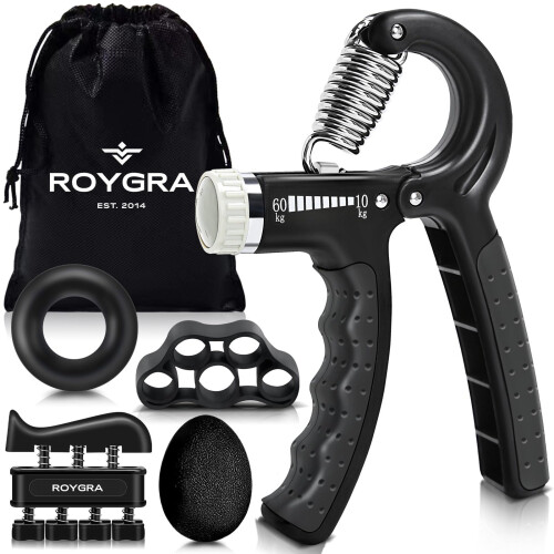 roygra Grip Strength Trainer  Forearm Workout  Hand & Finger Exerciser - 5 Pack (Black)