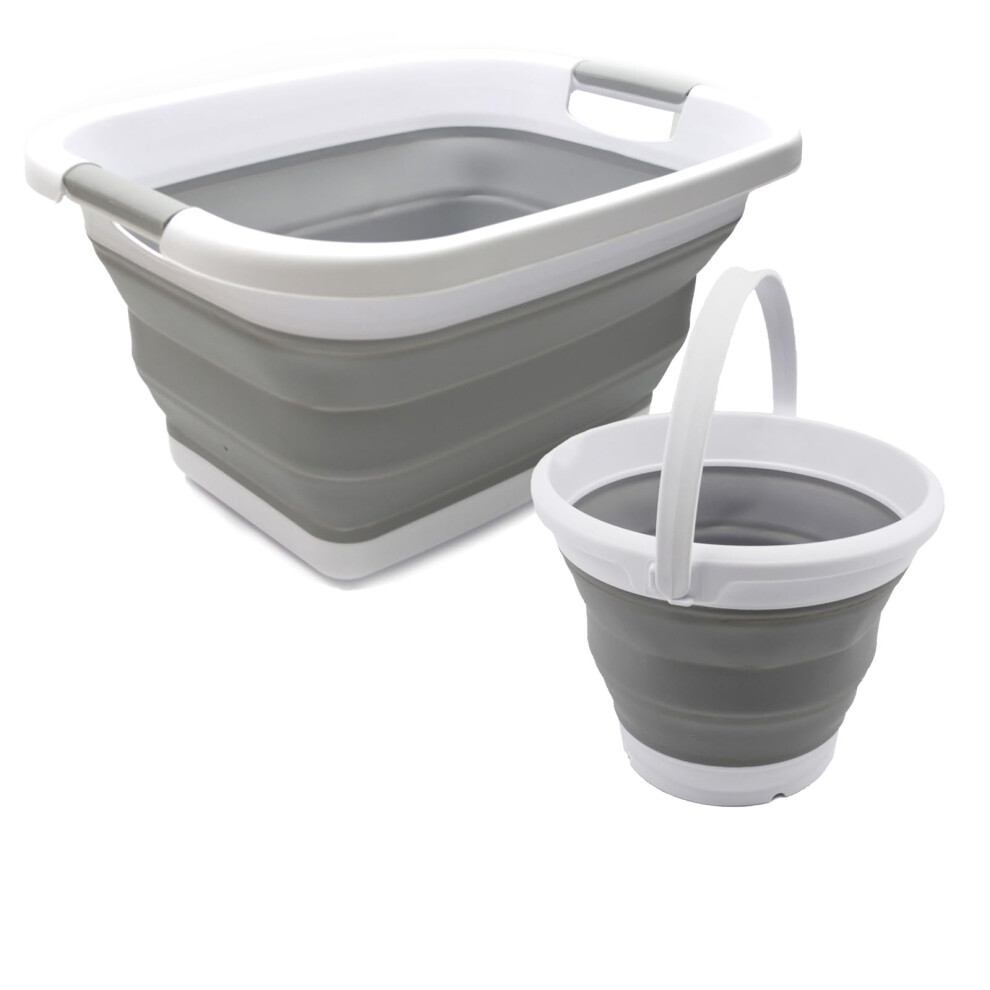 Sammart Set Da 2 Pezzi: Cesto Portabiancheria Pieghevole In Plastica Da 25 L E Secchio Pieghevole Da 5,5 L (Cesto Per Biancheria+Secchio, Grigio + Grigio)-image