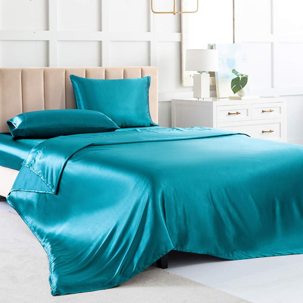 Draps de lit en satin Ensembles de draps pleine grandeur Draps en soie bleu sarcelle Ensemble de literie doux 4 pi   ces avec 1 drap-housse     poche
