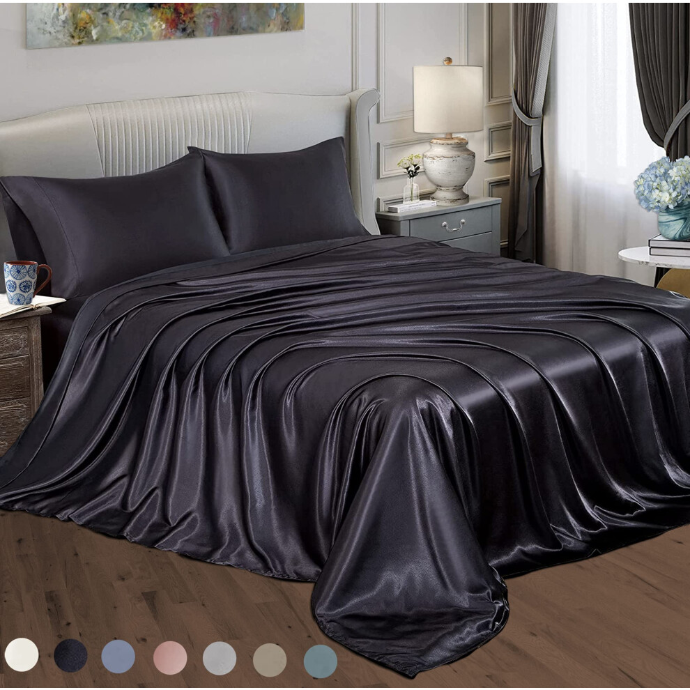 Parure de lit en satin de soie doux et rafra   chissant, couleur unie, avec poche profonde, pour lit queen size, avec taie(s) d'oreiller en satin,