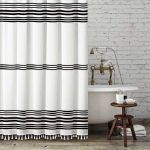 Seasonwood Black and White Shower Curtain with Tassels Farmhouse Shower Curtain Fabric Shower Curtains for Bathroom Heavy Weighted 72-Inch Bathroom Cu