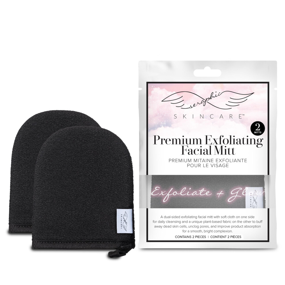 Seraphic Skincare Premium Exfoliating Facial Mitt 2 Pack - 100% Vegan Dual-Sided Face Mitten With Viscose & Washcloth - Facial Scrub Pad For Gentle Cl